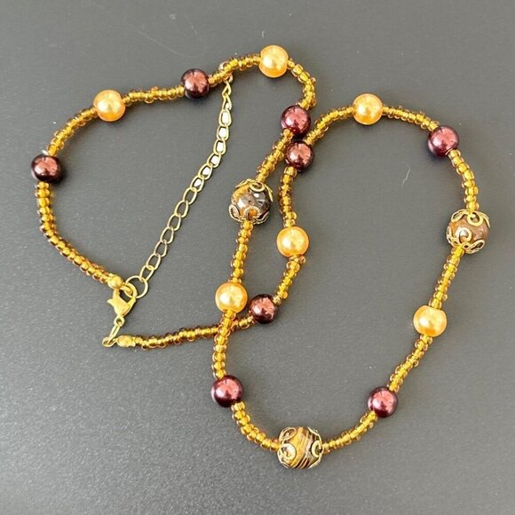 Beaded Necklace Amber Brown Gold Tone Adjustable Length Tigers Eye - Picture 4 of 4